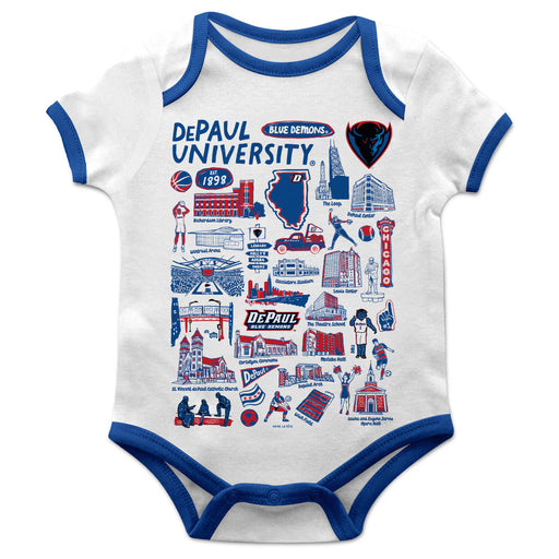 Depaul Blue Demons Hand Sketched Vive La Fete Impressions Artwork Infant White Short Sleeve Onesie Bodysuit