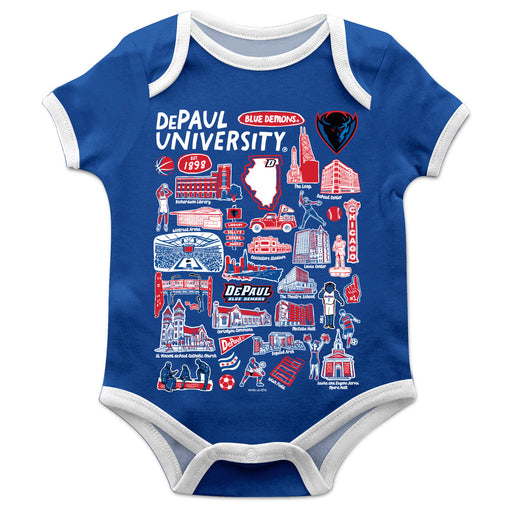 Depaul Blue Demons Hand Sketched Vive La Fete Impressions Artwork Infant Blue Short Sleeve Onesie Bodysuit