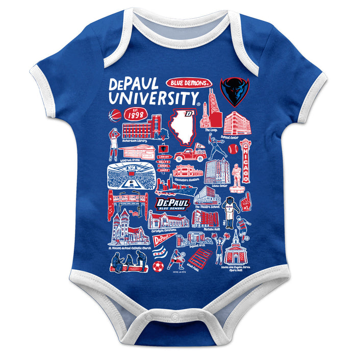Depaul Blue Demons Hand Sketched Vive La Fete Impressions Artwork Infant Blue Short Sleeve Onesie Bodysuit