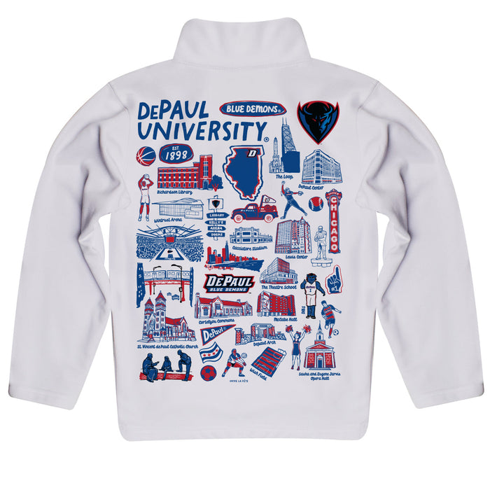 Depaul Blue Demons Hand Sketched Vive La Fete Impressions Artwork White Boys Quarter Zip Pullover V1 - Vive La Fête - Online Apparel Store