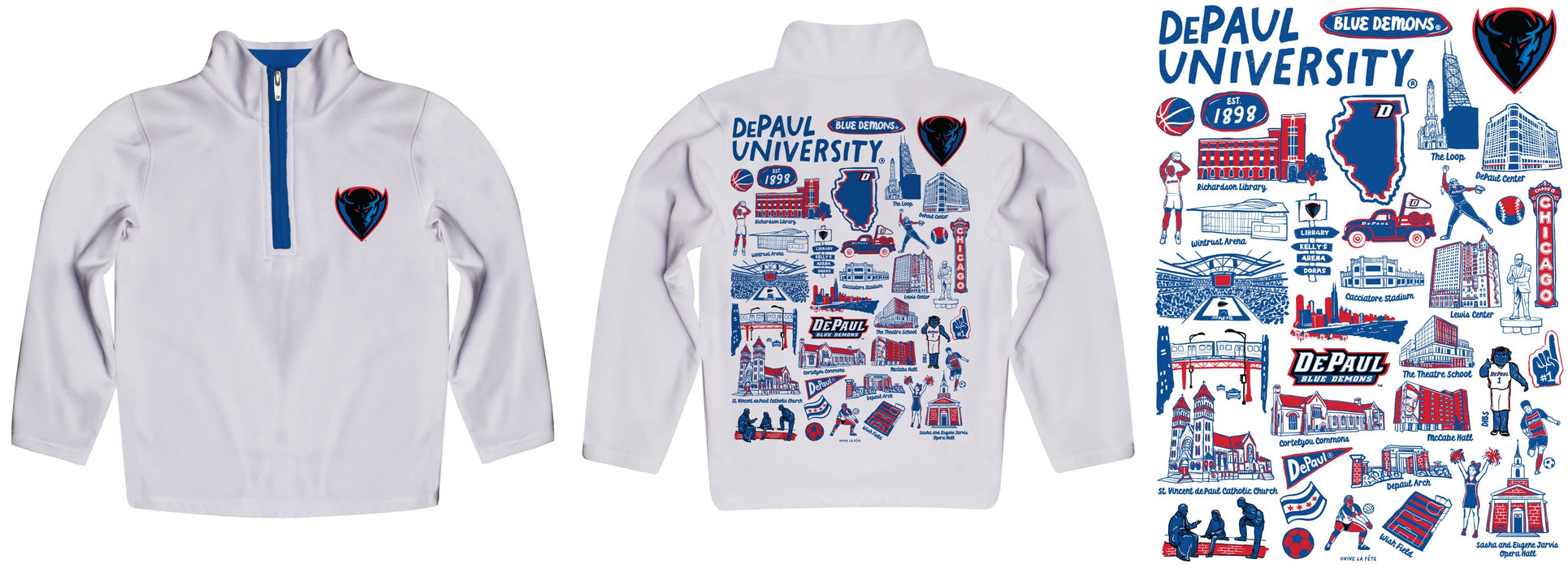 Depaul Blue Demons Hand Sketched Vive La Fete Impressions Artwork White Boys Quarter Zip Pullover V1 - Vive La Fête - Online Apparel Store