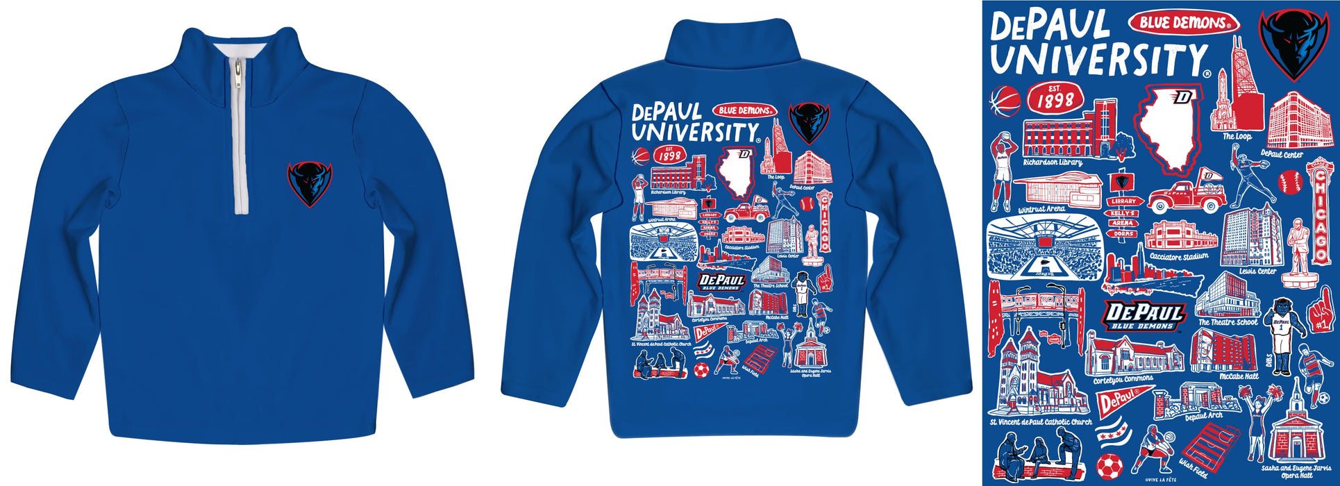 Depaul Blue Demons Hand Sketched Vive La Fete Impressions Artwork  Blue Quarter Zip Pullover V1 - Vive La Fête - Online Apparel Store