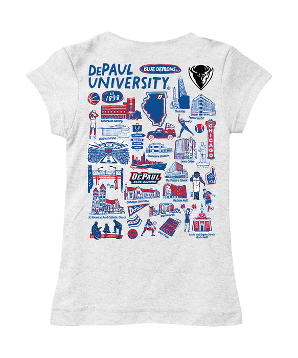 Depaul Blue Demons Hand Sketched Vive La Fete Impressions Artwork White Girls Cotton Short Sleeve Tee - Vive La Fête - Online Apparel Store