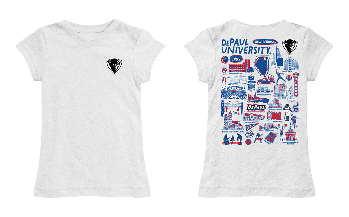 Depaul Blue Demons Hand Sketched Vive La Fete Impressions Artwork White Girls Cotton Short Sleeve Tee - Vive La Fête - Online Apparel Store