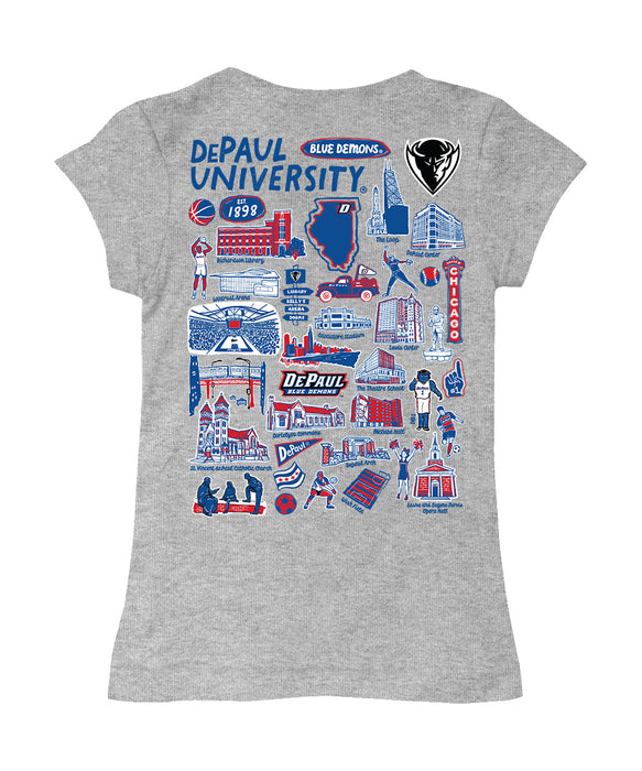 Depaul Blue Demons Hand Sketched Vive La Fete Impressions Artwork Grey Girls Cotton Short Sleeve Tee - Vive La Fête - Online Apparel Store