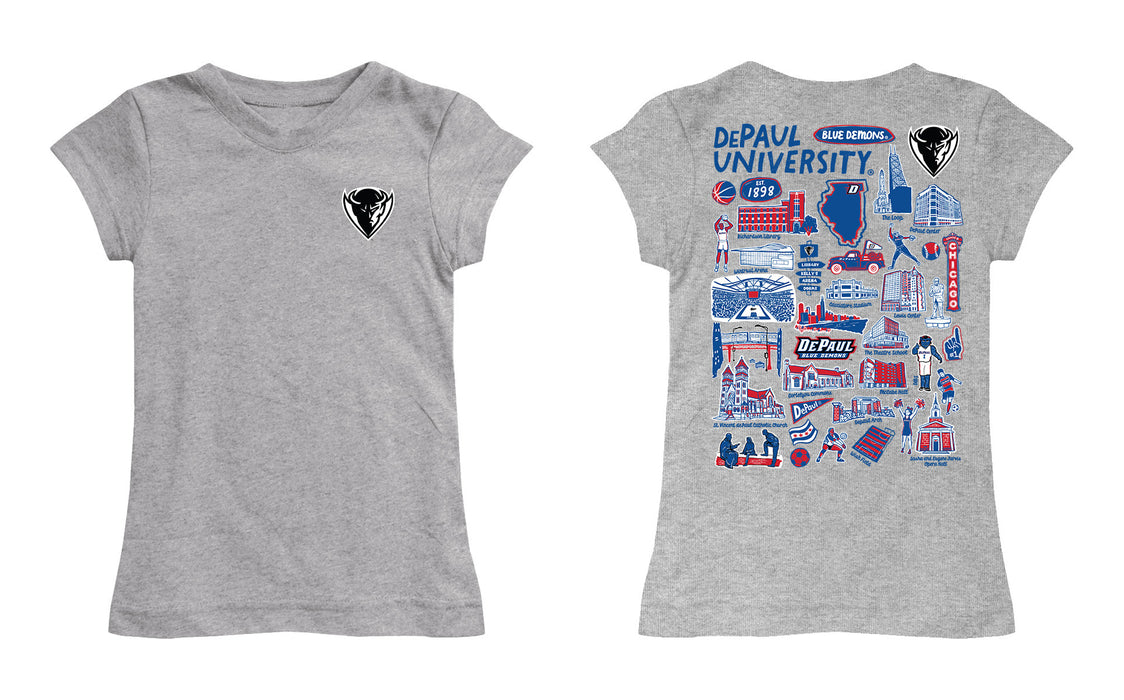 Depaul Blue Demons Hand Sketched Vive La Fete Impressions Artwork Grey Girls Cotton Short Sleeve Tee - Vive La Fête - Online Apparel Store