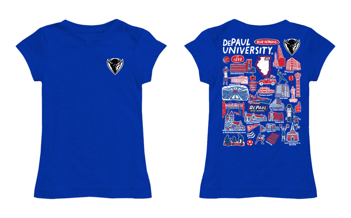 Depaul Blue Demons Hand Sketched Vive La Fete Impressions Artwork Blue Girls Cotton Short Sleeve Tee - Vive La Fête - Online Apparel Store