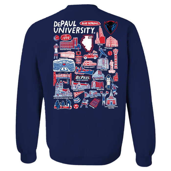 Depaul Blue Demons Hand Sketched Artwork Navy Crewneck Sweatshirt for Women - Vive La Fête - Online Apparel Store