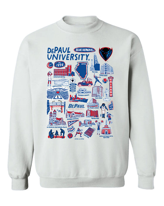 Depaul Blue Demons Hand Sketched Vive La Fete Impressions White Cotton Crewneck Sweatshirt for Women