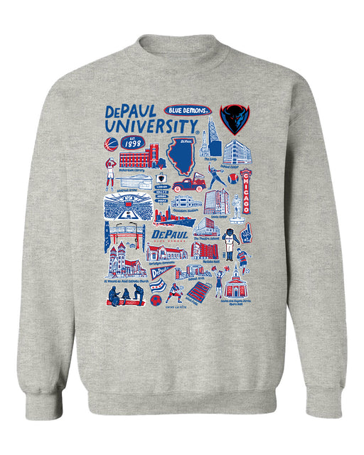 Depaul Blue Demons Hand Sketched Vive La Fete Impressions Grey Cotton Crewneck Sweatshirt for Women