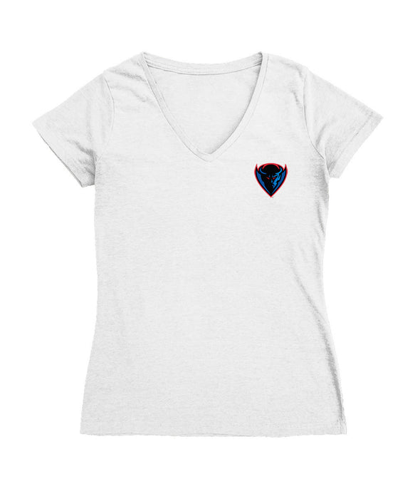 Depaul Blue Demons Hand Sketched Vive La Fete Impressions Artwork White Women Cotton Short Sleeve V-Neck Tshirt
