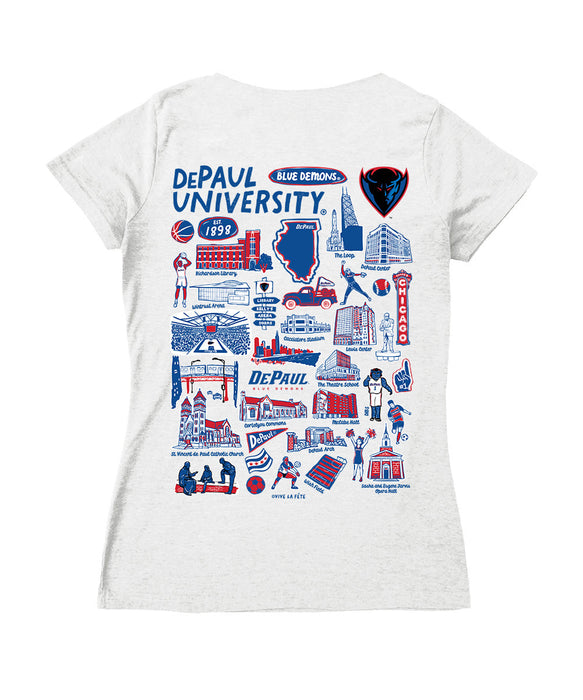 Depaul Blue Demons Hand Sketched Vive La Fete Impressions Artwork Royal Women Cotton Short Sleeve V-Neck Tshirt