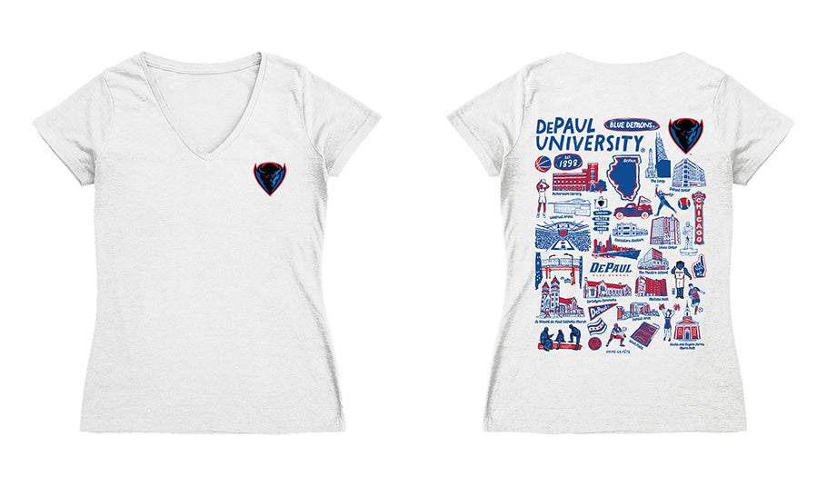 Depaul Blue Demons Hand Sketched Vive La Fete Impressions Artwork Royal Women Cotton Short Sleeve V-Neck Tshirt