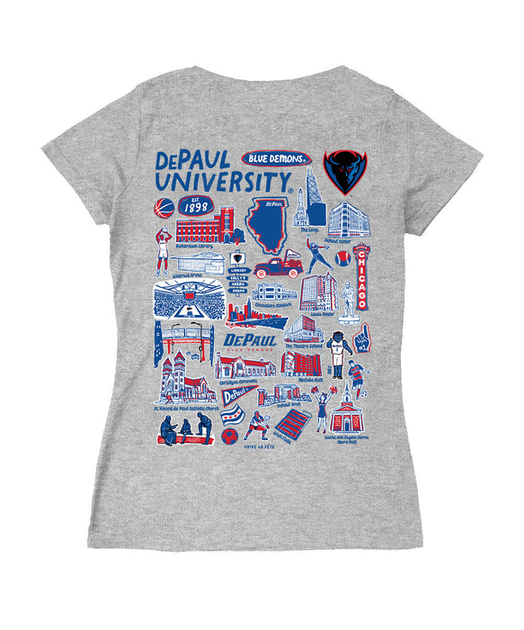Depaul Blue Demons Hand Sketched Vive La Fete Impressions Artwork Royal Women Cotton Short Sleeve V-Neck Tshirt