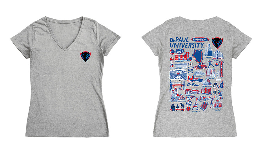 Depaul Blue Demons Hand Sketched Vive La Fete Impressions Artwork Royal Women Cotton Short Sleeve V-Neck Tshirt