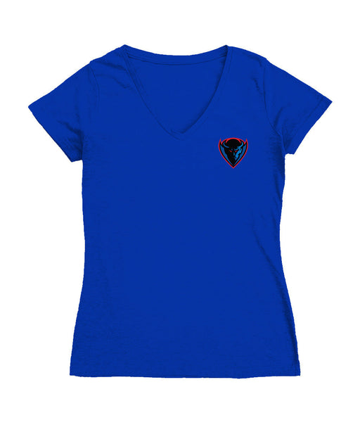 Depaul Blue Demons Hand Sketched Vive La Fete Impressions Artwork Royal Women Cotton Short Sleeve V-Neck Tshirt