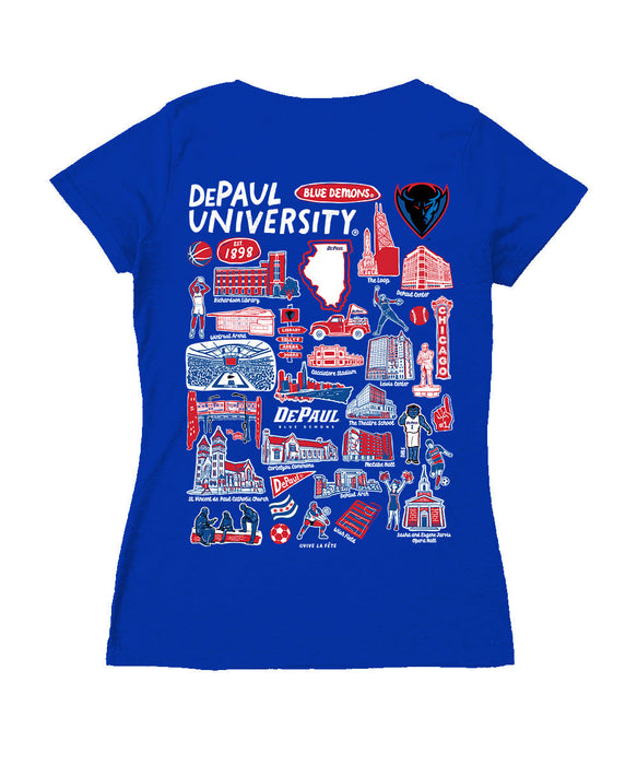 Depaul Blue Demons Hand Sketched Vive La Fete Impressions Artwork Royal Women Cotton Short Sleeve V-Neck Tshirt