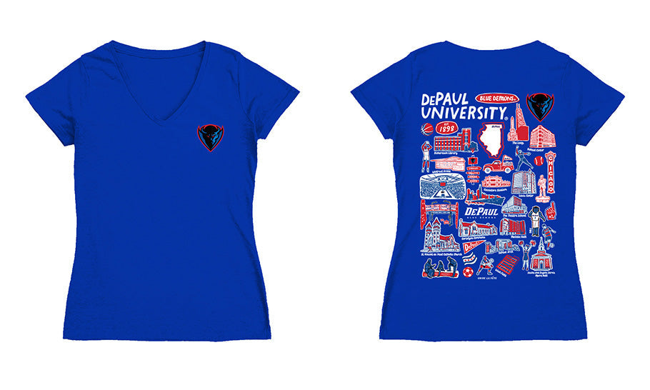 Depaul Blue Demons Hand Sketched Vive La Fete Impressions Artwork Royal Women Cotton Short Sleeve V-Neck Tshirt