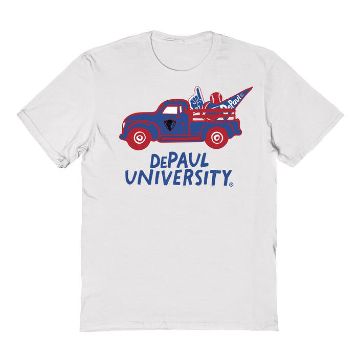 Depaul Blue Demons Hand Sketched Vive La Fete Impressions Truck White T-shirt for Women