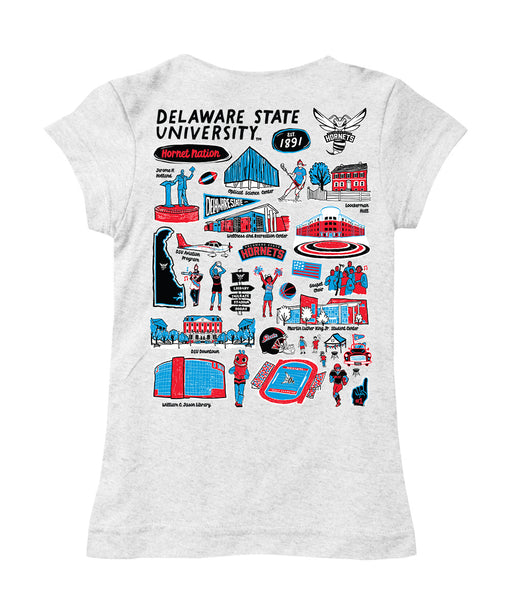 Delaware State University Hornets Hand Sketched Vive La Fete Impressions Artwork White Girls Cotton Short Sleeve Tee - Vive La Fête - Online Apparel Store