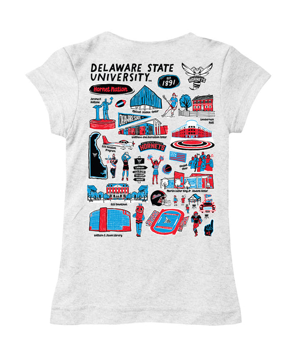 Delaware State University Hornets Hand Sketched Vive La Fete Impressions Artwork White Girls Cotton Short Sleeve Tee - Vive La Fête - Online Apparel Store