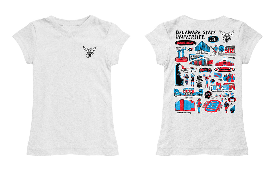 Delaware State University Hornets Hand Sketched Vive La Fete Impressions Artwork White Girls Cotton Short Sleeve Tee - Vive La Fête - Online Apparel Store