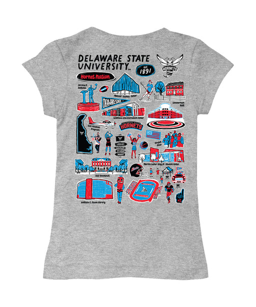 Delaware State University Hornets Hand Sketched Vive La Fete Impressions Artwork Grey Girls Cotton Short Sleeve Tee - Vive La Fête - Online Apparel Store