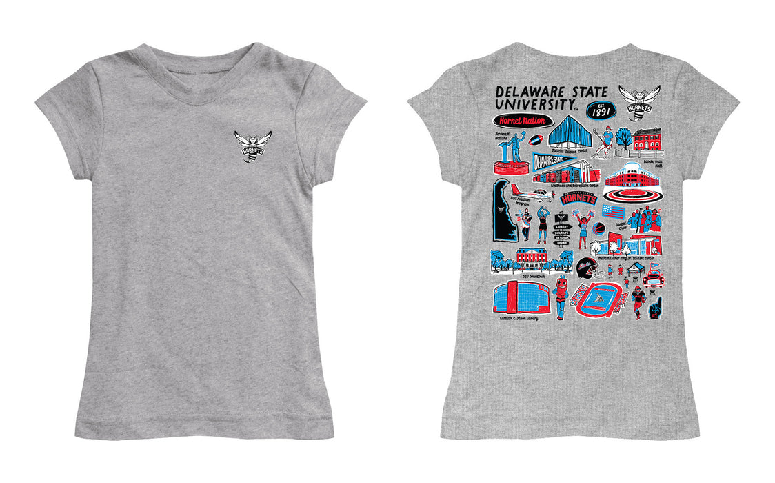 Delaware State University Hornets Hand Sketched Vive La Fete Impressions Artwork Grey Girls Cotton Short Sleeve Tee - Vive La Fête - Online Apparel Store