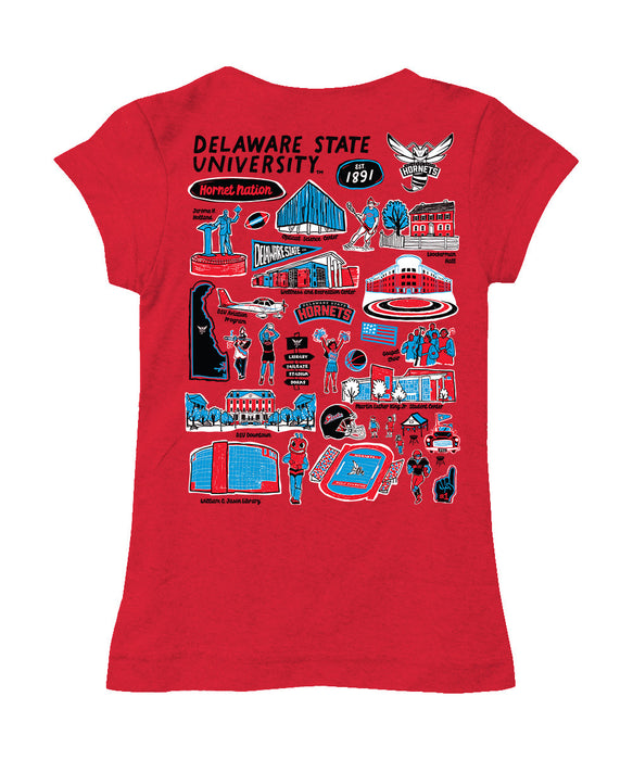 Delaware State University Hornets Hand Sketched Vive La Fete Impressions Artwork Red Girls Cotton Short Sleeve Tee - Vive La Fête - Online Apparel Store