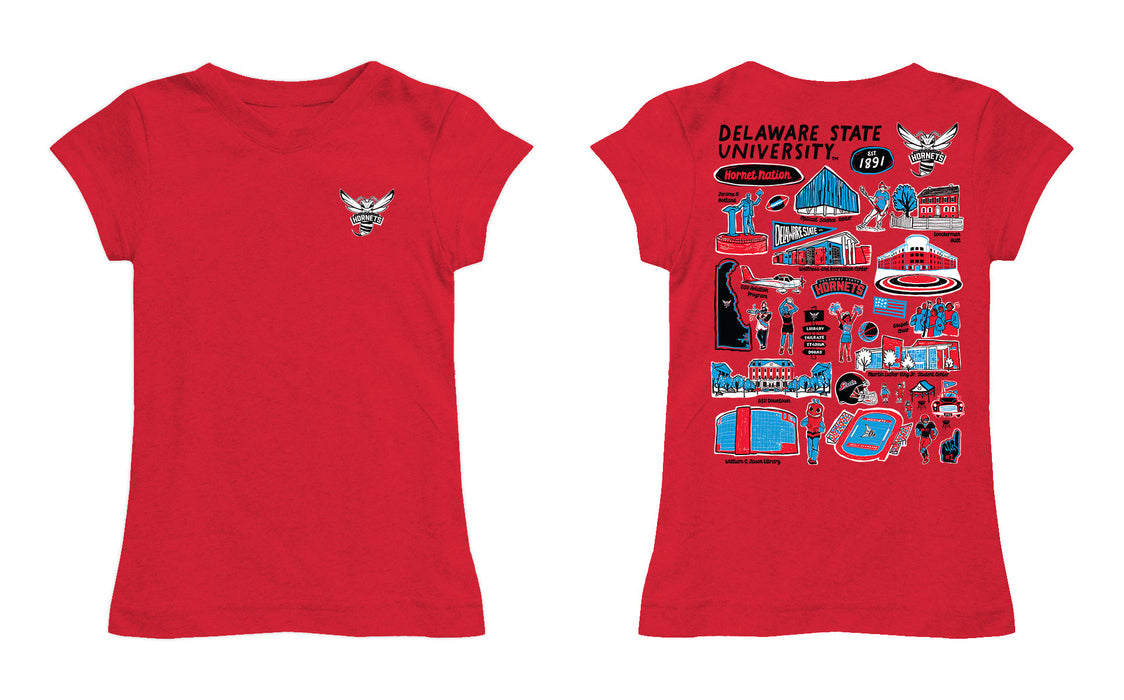 Delaware State University Hornets Hand Sketched Vive La Fete Impressions Artwork Red Girls Cotton Short Sleeve Tee - Vive La Fête - Online Apparel Store