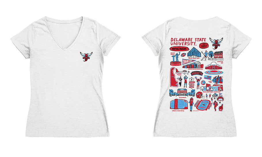 Delaware State Hornets Hand Sketched Vive La Fete Impressions Artwork Red Women Cotton Short Sleeve V-Neck Tshirt