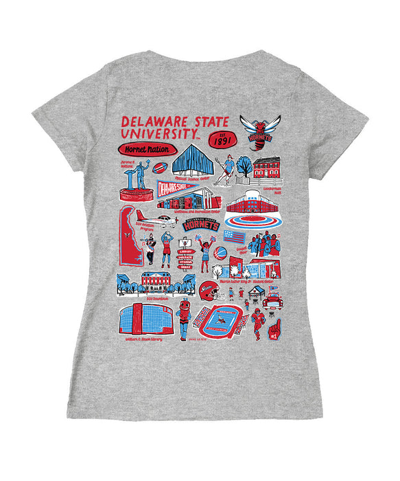 Delaware State Hornets Hand Sketched Vive La Fete Impressions Artwork Red Women Cotton Short Sleeve V-Neck Tshirt