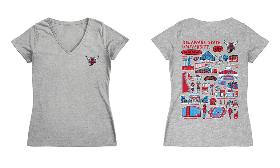 Delaware State Hornets Hand Sketched Vive La Fete Impressions Artwork Red Women Cotton Short Sleeve V-Neck Tshirt