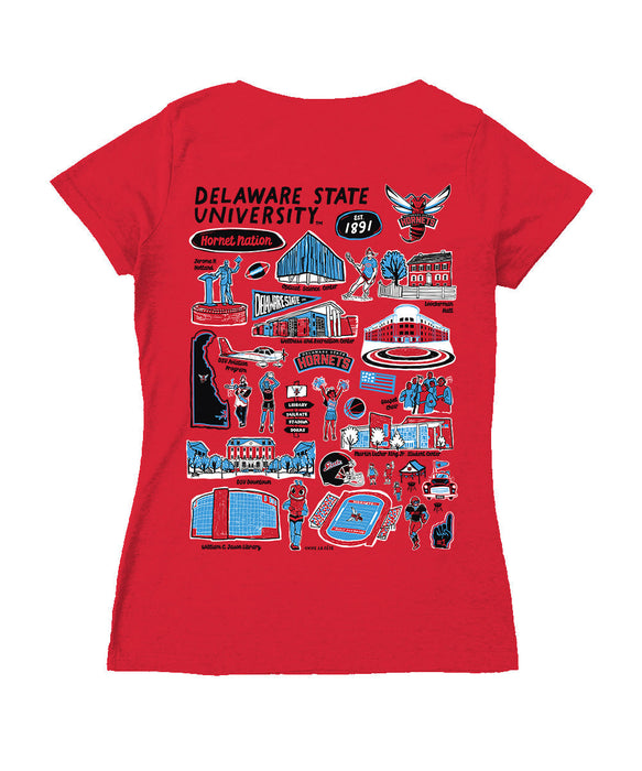 Delaware State Hornets Hand Sketched Vive La Fete Impressions Artwork Red Women Cotton Short Sleeve V-Neck Tshirt
