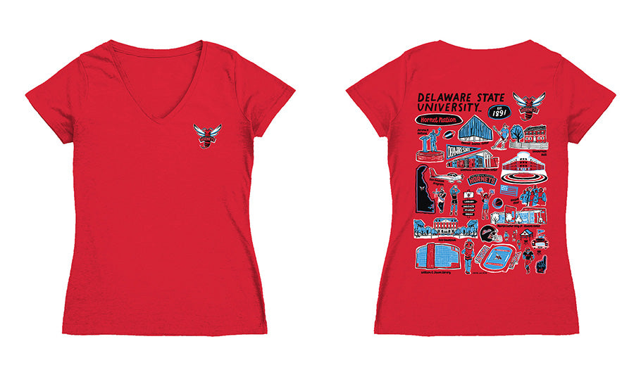 Delaware State Hornets Hand Sketched Vive La Fete Impressions Artwork Red Women Cotton Short Sleeve V-Neck Tshirt