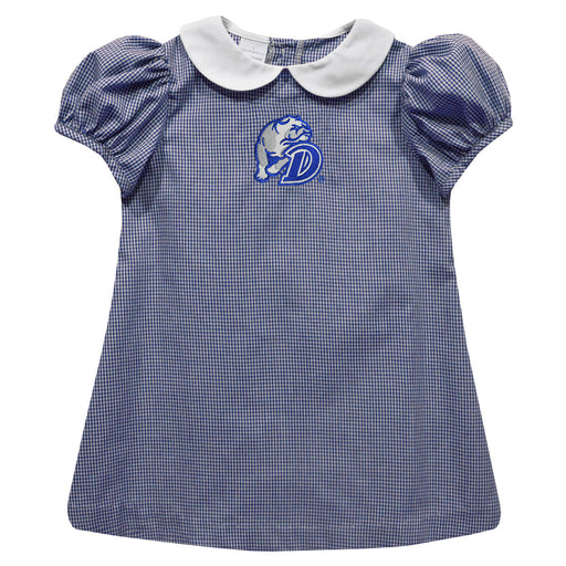 Drake University Bulldogs Embroidered Navy Gingham Short Sleeve A Line Dress