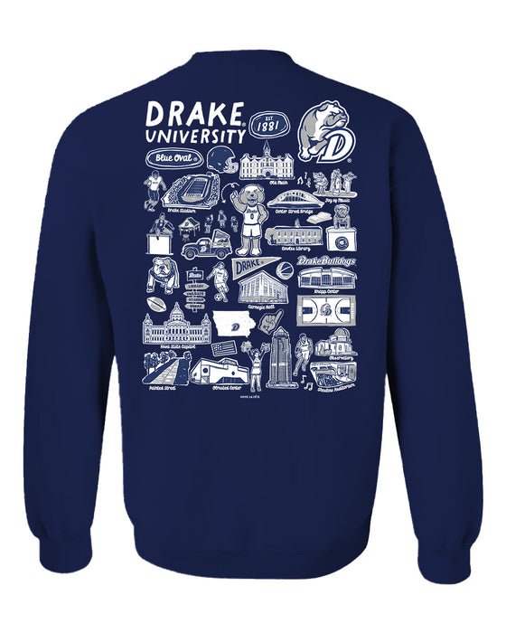 Drake University Bulldogs Hand Sketched Vive La Fete Impressions Artwork Navy Crew Neck Sweatshirt for Women - Vive La Fête - Online Apparel Store