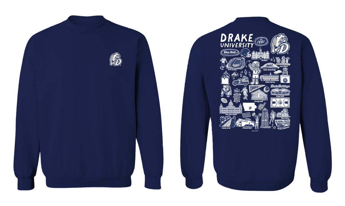 Drake University Bulldogs Hand Sketched Vive La Fete Impressions Artwork Navy Crew Neck Sweatshirt for Women - Vive La Fête - Online Apparel Store
