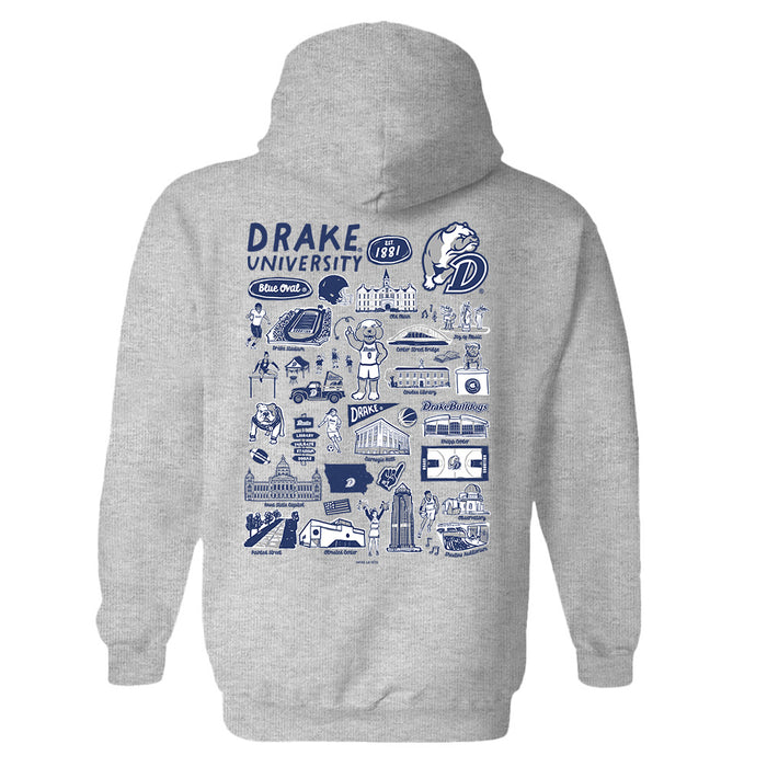 Drake University Bulldogs Hand Sketched Vive La Fete Impressions Artwork Navy Cotton Fleece Long Sleeve Hoodie - Vive La Fête - Online Apparel Store