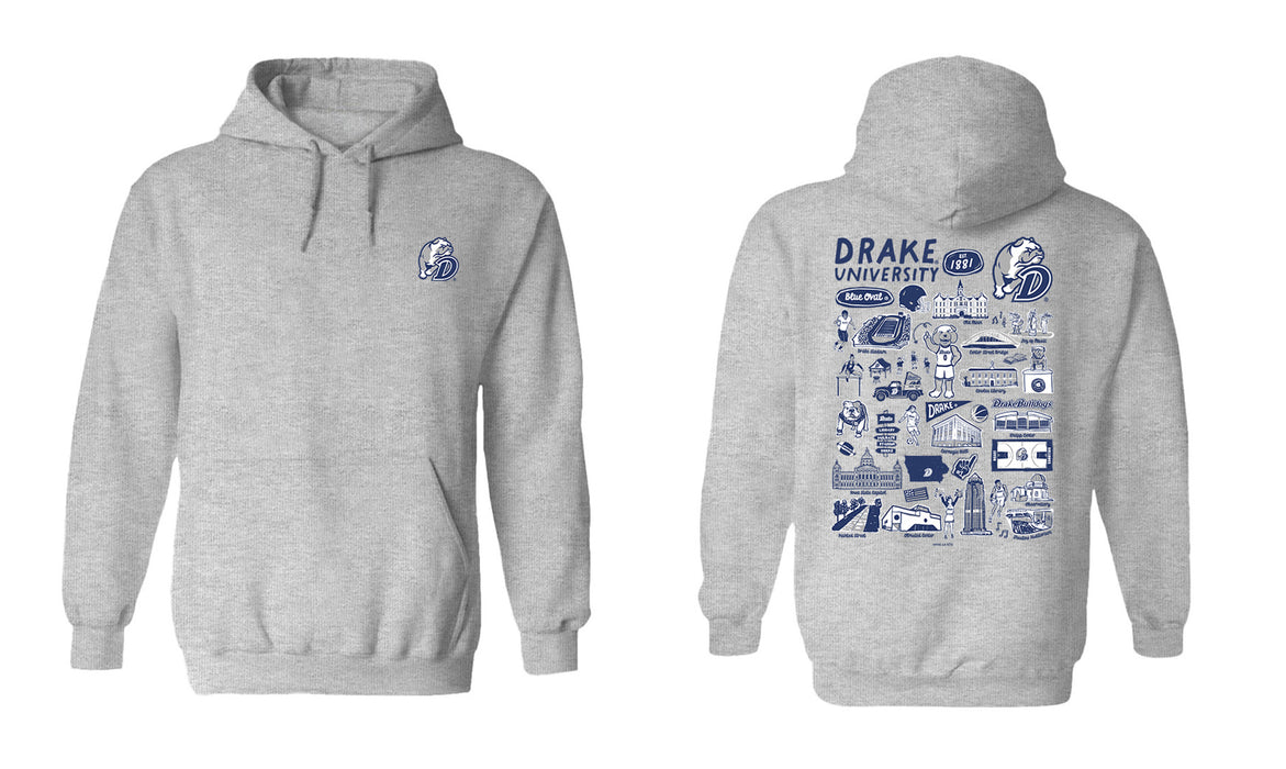 Drake University Bulldogs Hand Sketched Vive La Fete Impressions Artwork Navy Cotton Fleece Long Sleeve Hoodie - Vive La Fête - Online Apparel Store