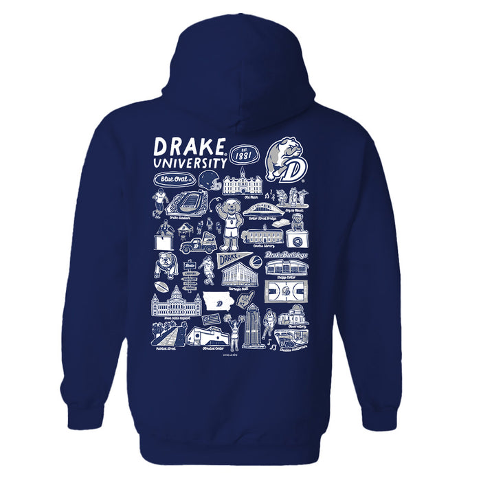 Drake University Bulldogs Hand Sketched Vive La Fete Impressions Artwork Navy Cotton Fleece Long Sleeve Hoodie - Vive La Fête - Online Apparel Store