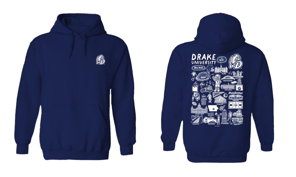Drake University Bulldogs Hand Sketched Vive La Fete Impressions Artwork Navy Cotton Fleece Long Sleeve Hoodie - Vive La Fête - Online Apparel Store