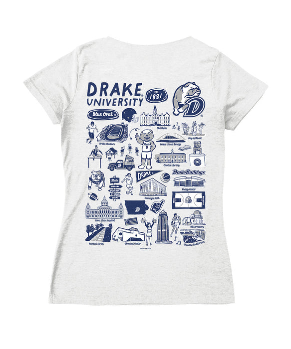 Drake University Bulldogs Hand Sketched Vive La Fete Impressions Artwork Navy Women Cotton Short Sleeve V-Neck Tshirt