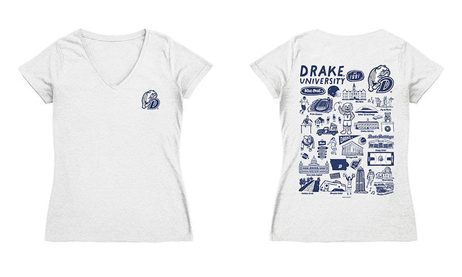 Drake University Bulldogs Hand Sketched Vive La Fete Impressions Artwork Navy Women Cotton Short Sleeve V-Neck Tshirt