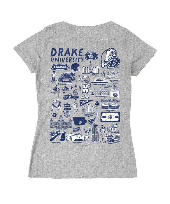 Drake University Bulldogs Hand Sketched Vive La Fete Impressions Artwork Navy Women Cotton Short Sleeve V-Neck Tshirt