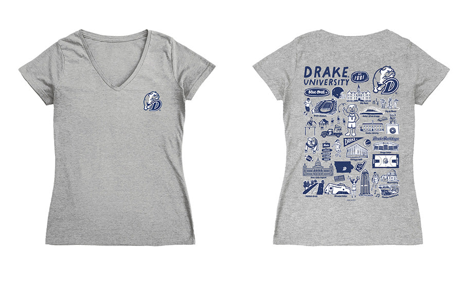 Drake University Bulldogs Hand Sketched Vive La Fete Impressions Artwork Navy Women Cotton Short Sleeve V-Neck Tshirt