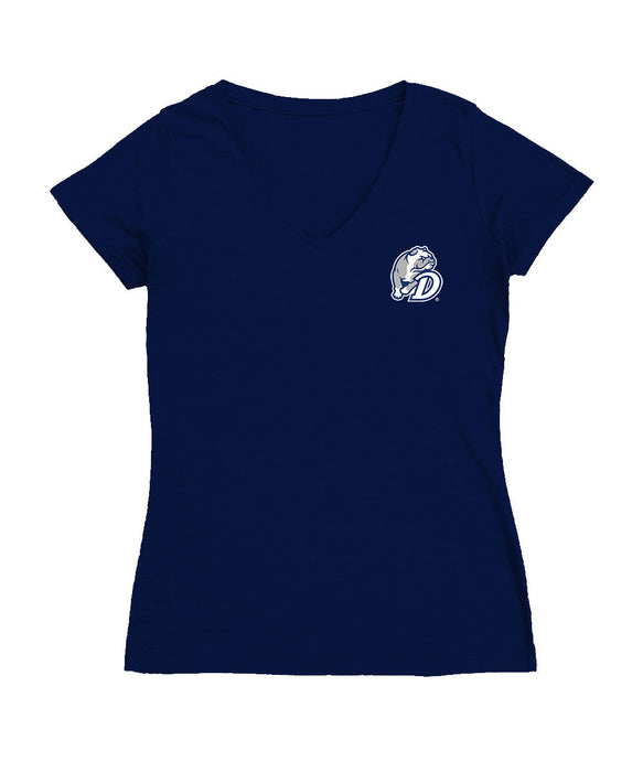Drake University Bulldogs Hand Sketched Vive La Fete Impressions Artwork Navy Women Cotton Short Sleeve V-Neck Tshirt