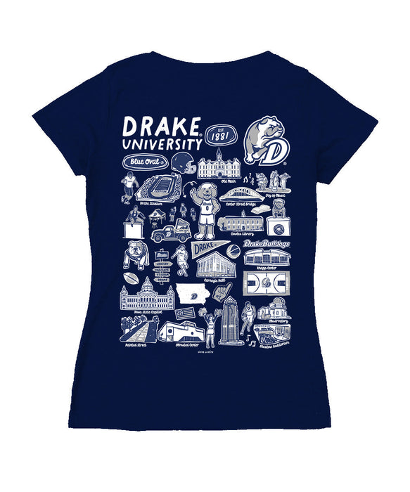 Drake University Bulldogs Hand Sketched Vive La Fete Impressions Artwork Navy Women Cotton Short Sleeve V-Neck Tshirt