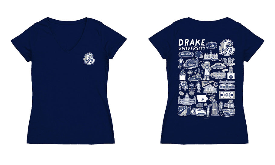 Drake University Bulldogs Hand Sketched Vive La Fete Impressions Artwork Navy Women Cotton Short Sleeve V-Neck Tshirt
