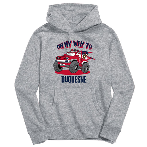 Duquesne Dukes On My Way Monster Truck Heather Grey Cotton Youth Hoodie
